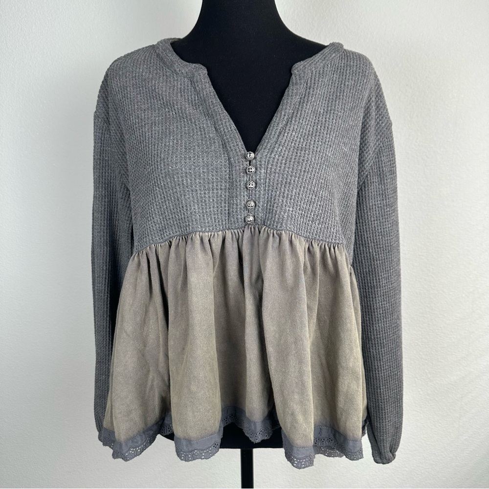 ADORA Grey Mineral Washed Babydoll Top Sz Small Waffle Knit Thermal Casual Boho